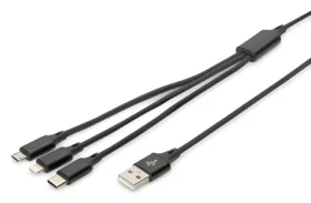 Digitus USB-A 3v1 čierna / Nabíjací kábel / Lightning, microUSB, USB-C / 1 m / bavlnený oplet (AK-300160-010-S)