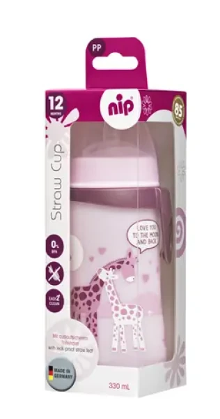 NIP Straw cup fľaša so slamkou PP 330ml ružová / od 12 mesiacov (NIP35068)