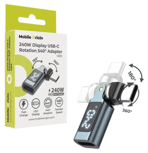 Mobile Origin CB15 / Otočný adaptér s displejom / USB-C / 240W / rotácia 540 ° (MO-240WRA-CB15)