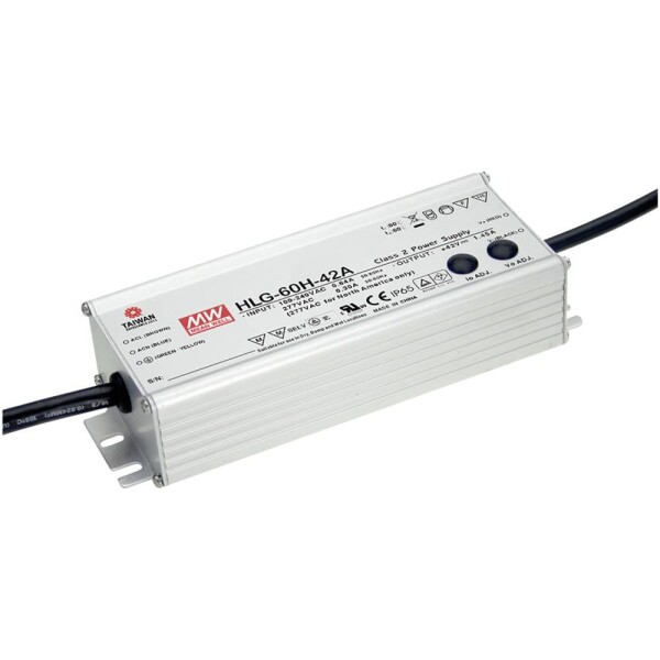 MEAN WELL HLG-60H-20A LED driver, napájací zdroj pre LED konštantné napätie, konštantný prúd 60 W 3 A 20 V/DC PFC spínacie obvod, ochrana proti prepätiu,; HLG-60H-20A