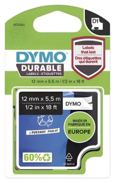 Dymo originálna páska do tlačiarne štítkov 12mm x 5.5m / čierna tlač / biely podklad / D1 / permanentná vinylová (1978364)