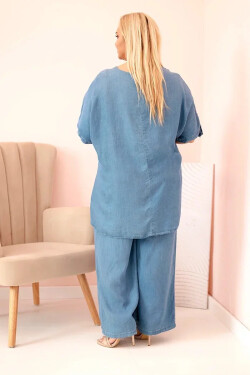 Plus size set z materiálu tencel, blúzka s viazankou a široké džínsové nohavice UNI