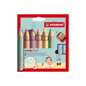 STABILO® Woody 3 in 1 - 6 ks sada s strúhadlom - 6 rôznych pastelových farieb (8806-3)