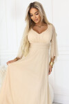 655-4 Dlhé ľahké trblietavé šaty s véčkovým výstrihom a priehľadnými rukávmi - béžovo-šampanská UNI