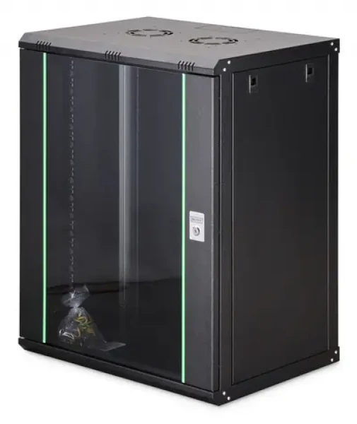 Digitus Dynamic 16HE 600x450mm čierna / Nástenný rozvádzač / 19" / Sklenené dvere / Aktívne chladenie / IP20 (DN-37113)