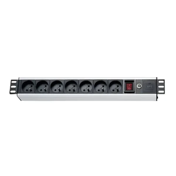 Xtendlan 19" rozvodný panel 7x230V čierna / ČSN / vypínač / prepäťová a prúdová ochrana / 1,5 U / kábel 1,8 m (ZASUVKA7F-19)