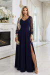 640-3 LORETTA jedinečné dlhé šaty s tylovými rukávmi a výstrihom - tmavomodré XXL