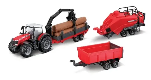 Bburago FARMLAND Set Traktor Massey Ferguson 8740S s tromi prívesmi