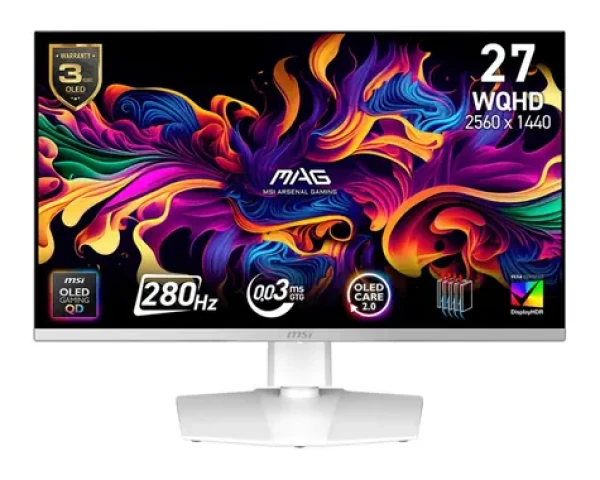 26.5" MSI MAG 272QPW X28 biela / QHD / QD-OLED / 16:9 / 0.03ms / 1500000:1 / 450cd-m2 / HDMI+DP+USB-C / VESA (MAG 272QPW QD-OLED X28)