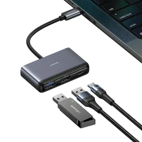 USAMS SJ628 sivá / Adaptér USB-C hub 5v1 / USB 3.0 / USB 2.0 / TF/SD čítačka kariet (SJ628HUB01)