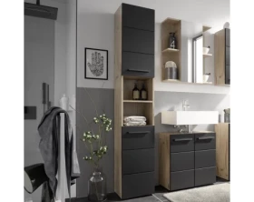 Vysoká kúpeľňová skrinka Vista 34 cm, dub viking/čierna%